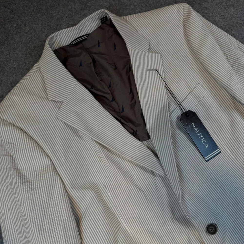 Nautica Brielle Mens 42L Blazer Grey Stripe Seersucker Modern Fit Active Stretch